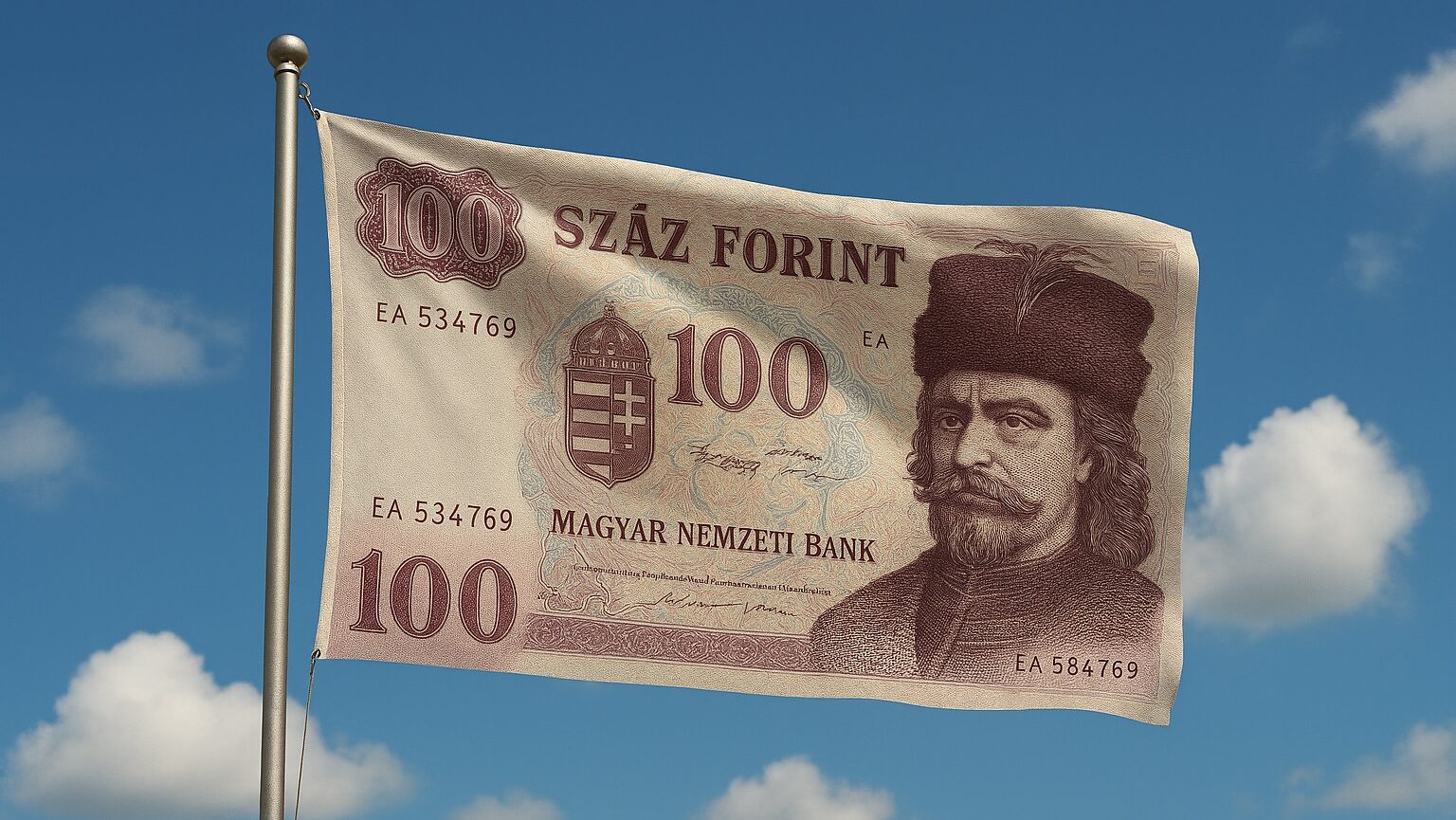Hungarian 100-forint bill flying on flagpost