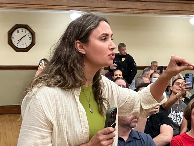 One of several protesters who shouted down U.S. Rep. Sean Casten during a town hall meeting July 30, 2025, in La Grange. (Hank Beckman/for Pioneer Press)