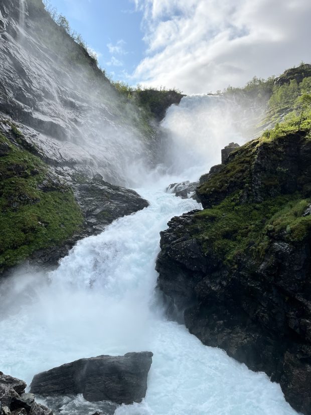A massive waterfall between two mountains