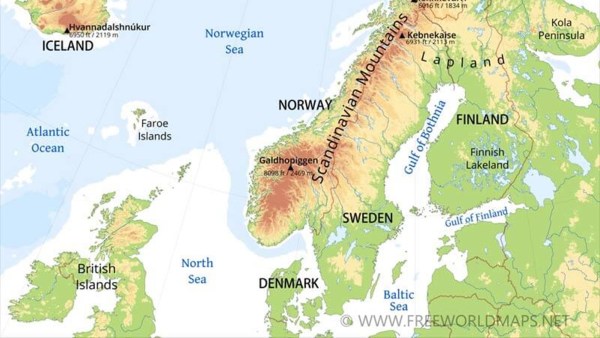 Physical Map of Scandinavia