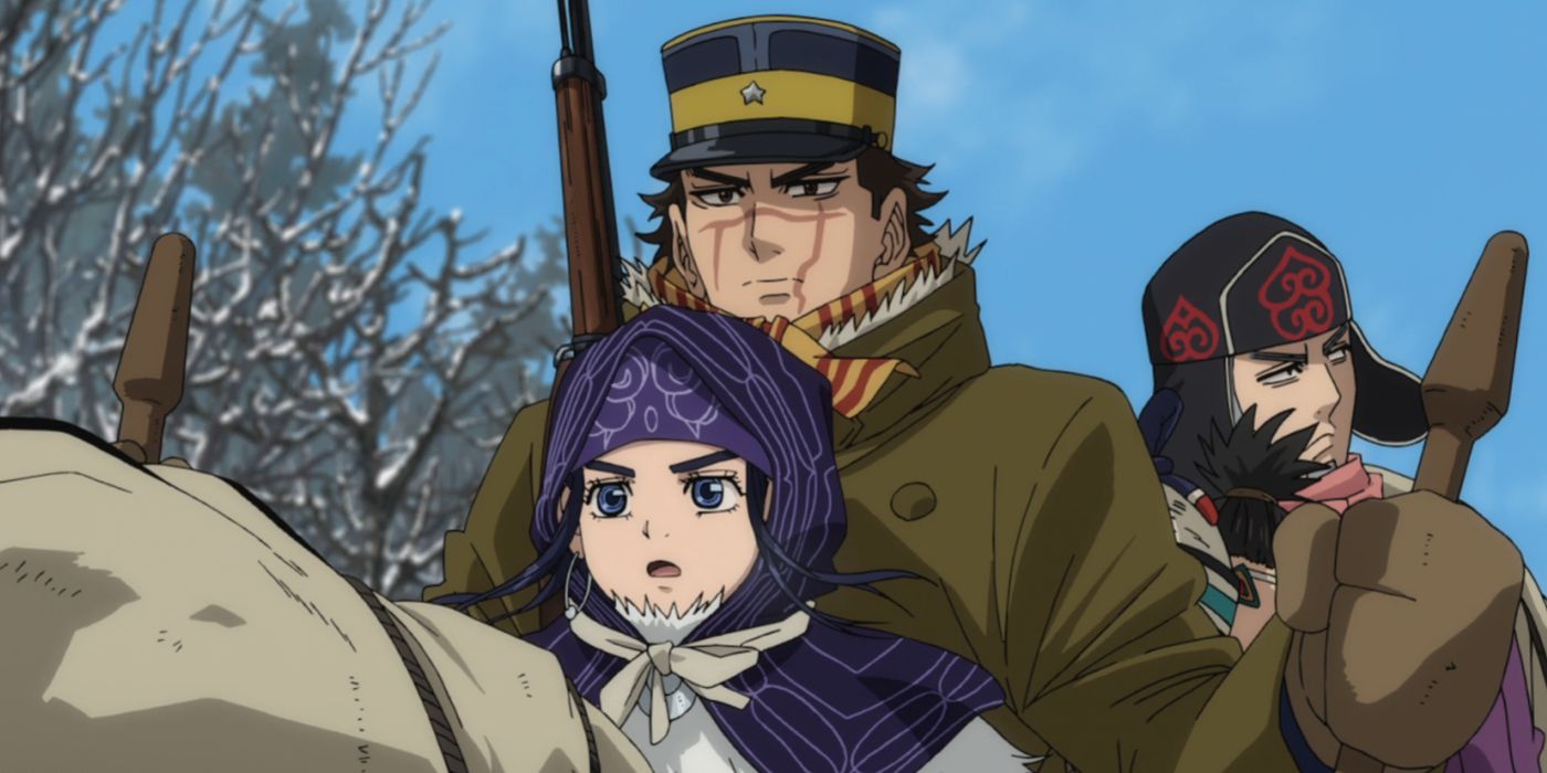 Asirpa, Sugimoto, and Shiraishi on the dog sled in Golden Kamuy.