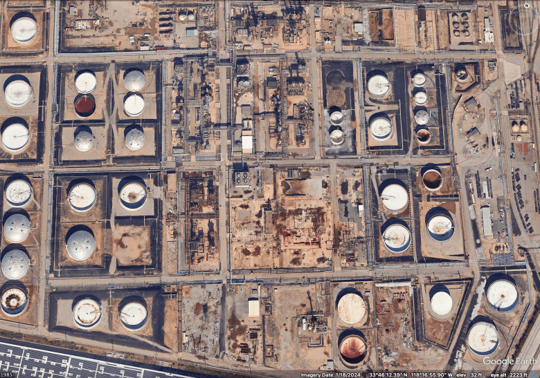 An aerial view of a portion of a refinery site.