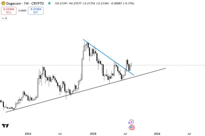Dogecoin ($DOGE) descending triangle breakout on the weekly chart