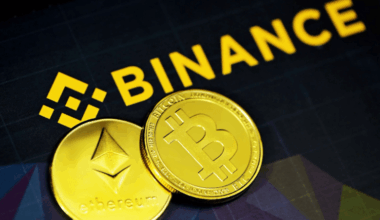 A bitcoin coin and Ethereum coin with Binance logo in background.