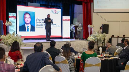 Shane Getson, chair of Alberta’s India Trade Advisory Committee, addressing the Canadian Hindu Chamber of Commerce (CHCC) gathering. (Credit: CHCC)