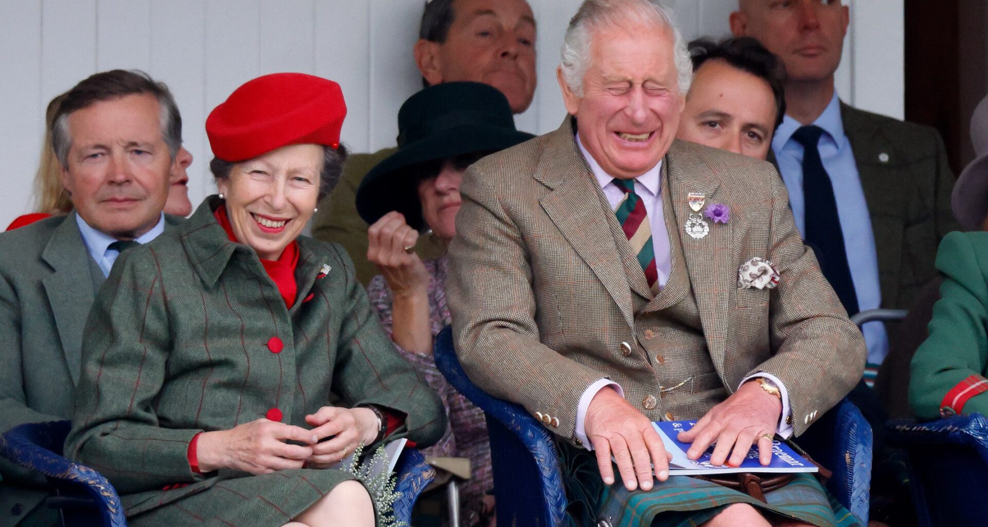 Princess Anne and King Charles laugh as they attend the Braemar Highland Gathering at The Princess Royal and Duke of Fife Memorial Park on September 3, 2022 in Braemar