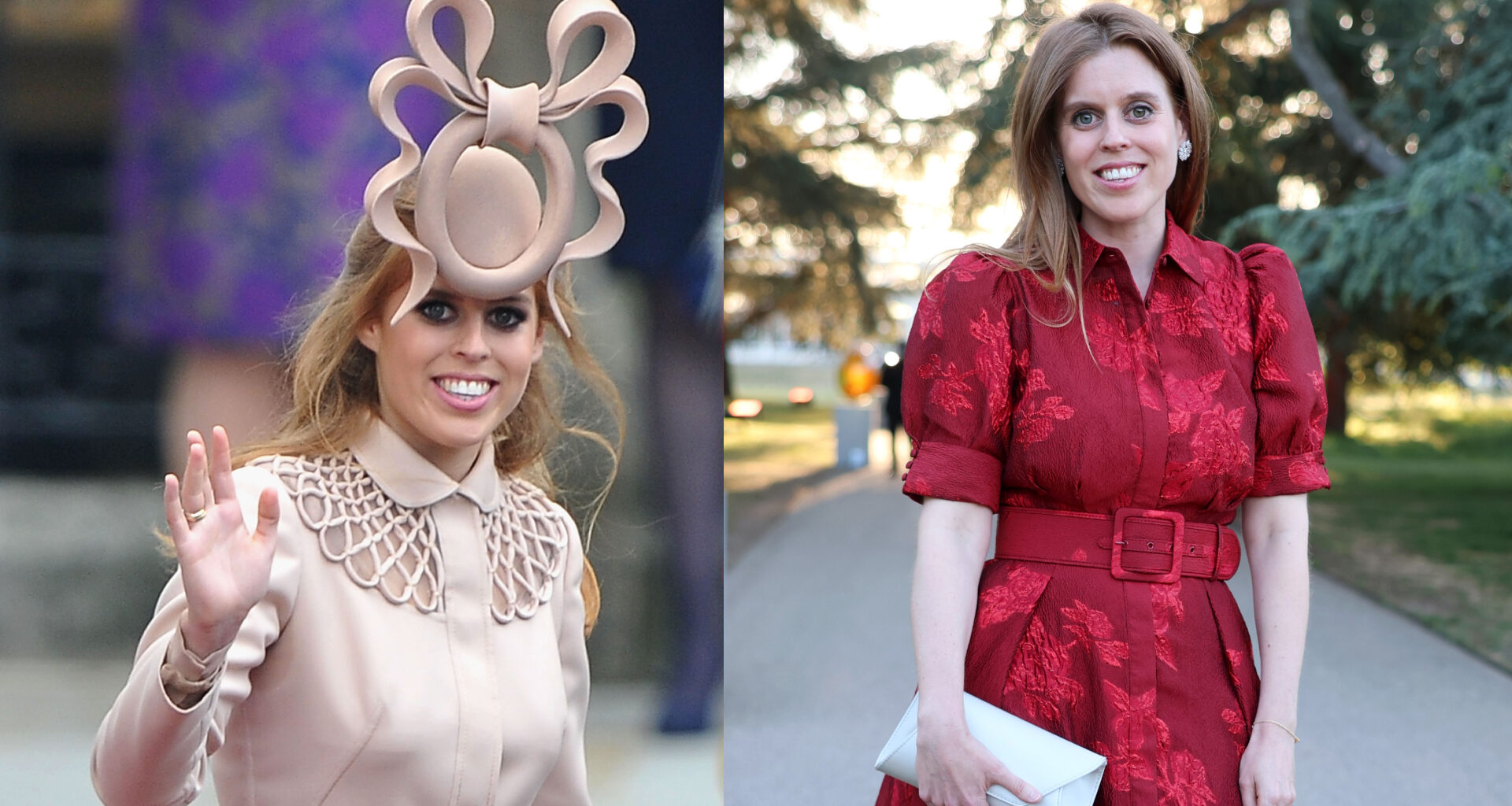 Princess Beatrice wearing a pink hat and coat waving; Princess Beatrice wearing a red short sleeve dress