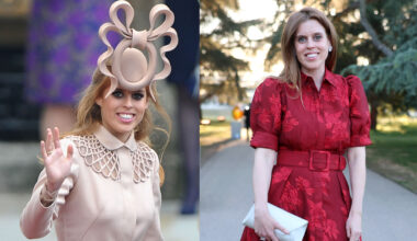 Princess Beatrice wearing a pink hat and coat waving; Princess Beatrice wearing a red short sleeve dress