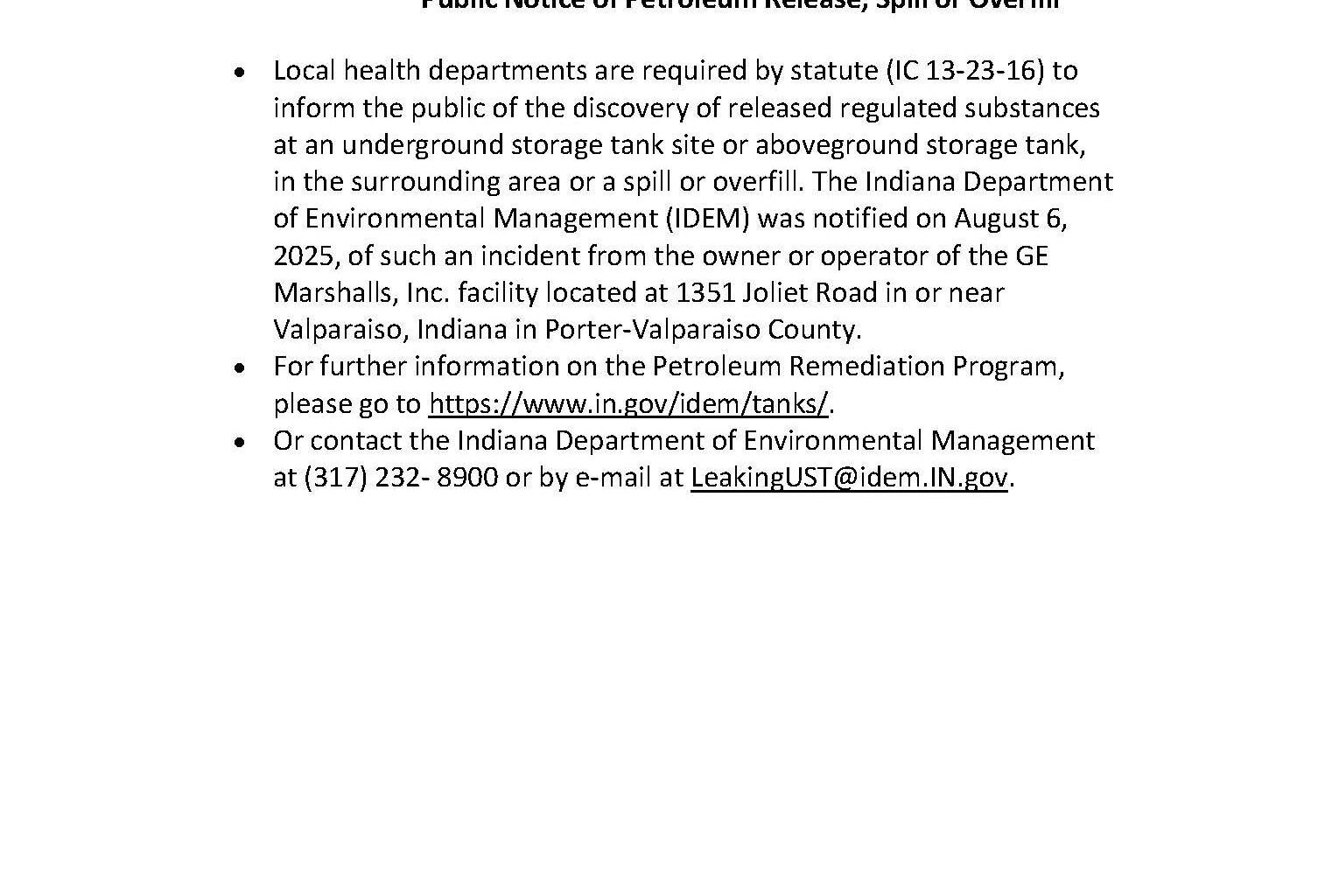 Porter County Health Department Public Notice of Petroleum Release, Spill or Overfill