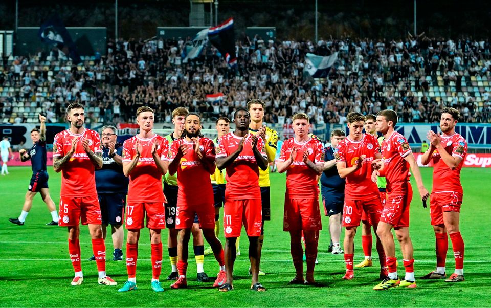 Shelbourne players celebrate after their victory in the UEFA Europa League third qualifying round first leg match over Rijeka at HNK Rijeka Stadium Rujevica in Rijeka, Croatia. Photo by Igor Kupjlenik/Sportsfile