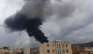 TOPSHOT - Smoke billows after an Israeli air strike on Yemen's Huthi-held capital Sanaa.