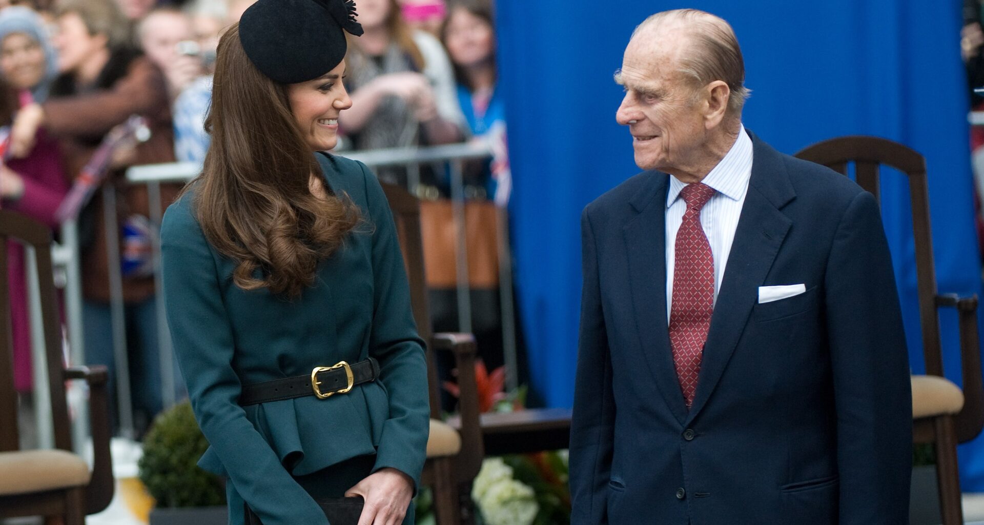 Catherine, Princess of Wales (L) and Prince Philip, Duke of Edinburgh smile during their visit to Leicester on March 8, 2012