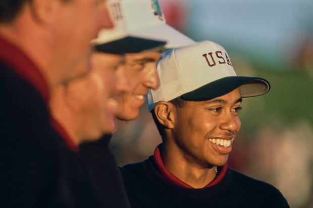 Portrait of Tiger Woods from the United States with Team USA players Todd Demsey, Allen Doyle, John Harris during the International Golf Federation 19th Eisenhower Trophy for the World Amateur Team Golf Championship on 6th October 1994 at the Le Golf National golf course, Guyancourt near Paris, France. (Photo by Anton Want/Allsport/Getty Images)