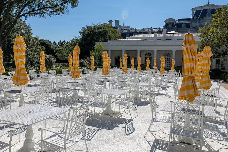 WASHINGTON, DC - AUGUST 09: The newly repaved Rose Garden of the White House on August 09, 2025 in Washington, DC. Trump has undertaken several renovation projects at the White House to include the construction of a concrete patio at the Rose Garden. (Photo by Tasos Katopodis/Getty Images)