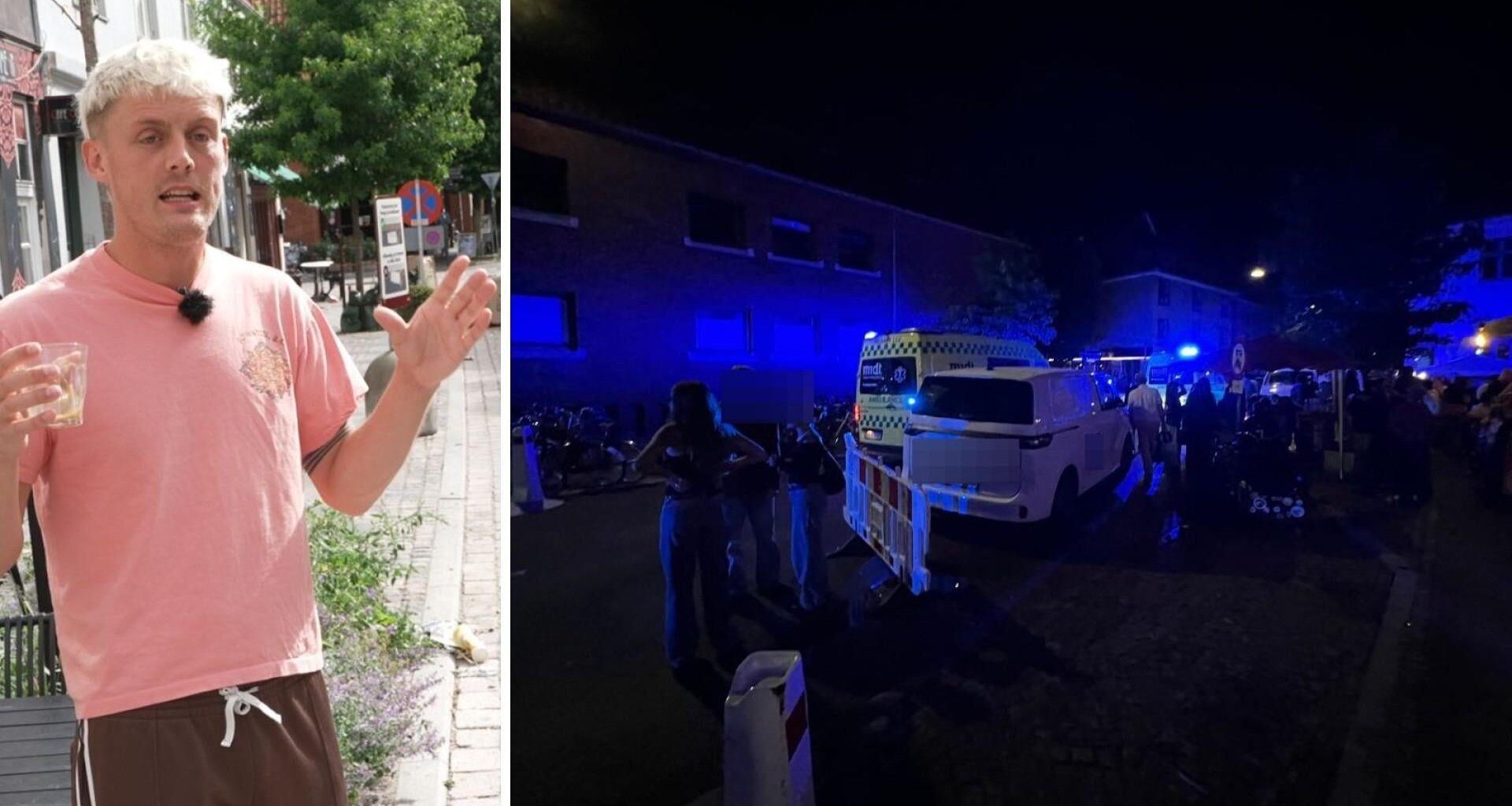 Otte personer ramt af bil til afspærret vejfest - to anholdte [Vestergade, Aarhus]