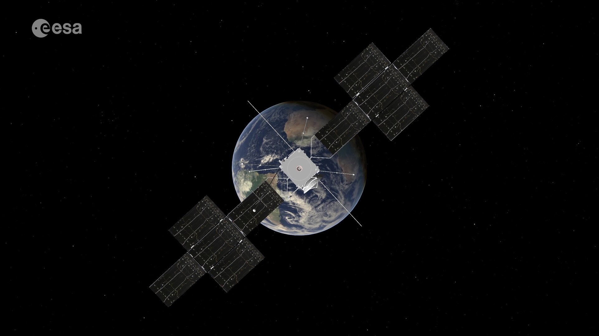 A depiction of the JUICE spacecraft heading back to Earth. JUICE looks like a silver boc with two solar wings, each in the shape of a thick cross. In the background is Earth against the blackness of space.