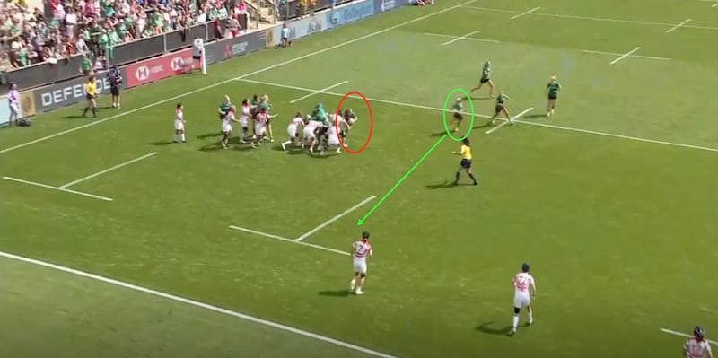 Once again, Ireland's maul convinces every Japan forward at the lineout to bite in. With no defender holding off this time, McMahon (red) has a more straightforward task to pass to Dalton (green) charging into space at speed.