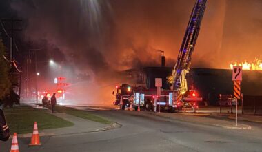 Crews work to extinguish massive warehouse fire in north central Edmonton