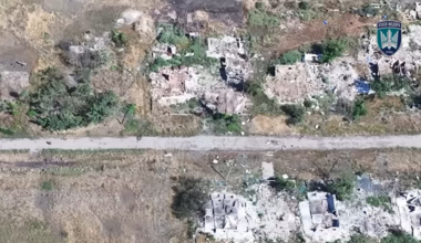 An FPV drone of Ukraine's 414th Strike UAV Brigade kills a Russian soldier riding a scooter down a road, August 2025