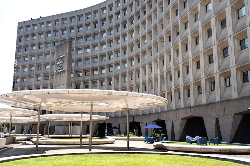 WASHINGTON, DC - JULY 8: The Robert C. Weaver Federal Building, the current headquarters of the U.S. Department of Housing and Urban Development is seen on July 8, 2025 in Washington, DC. HUD and its 2,700 employees, is relocating from its downtown Washington headquarters, where it has been located since its dedication in 1968, to the former National Science Foundation offices in Alexandria, Virginia. (Photo by Kent Nishimura/Getty Images)