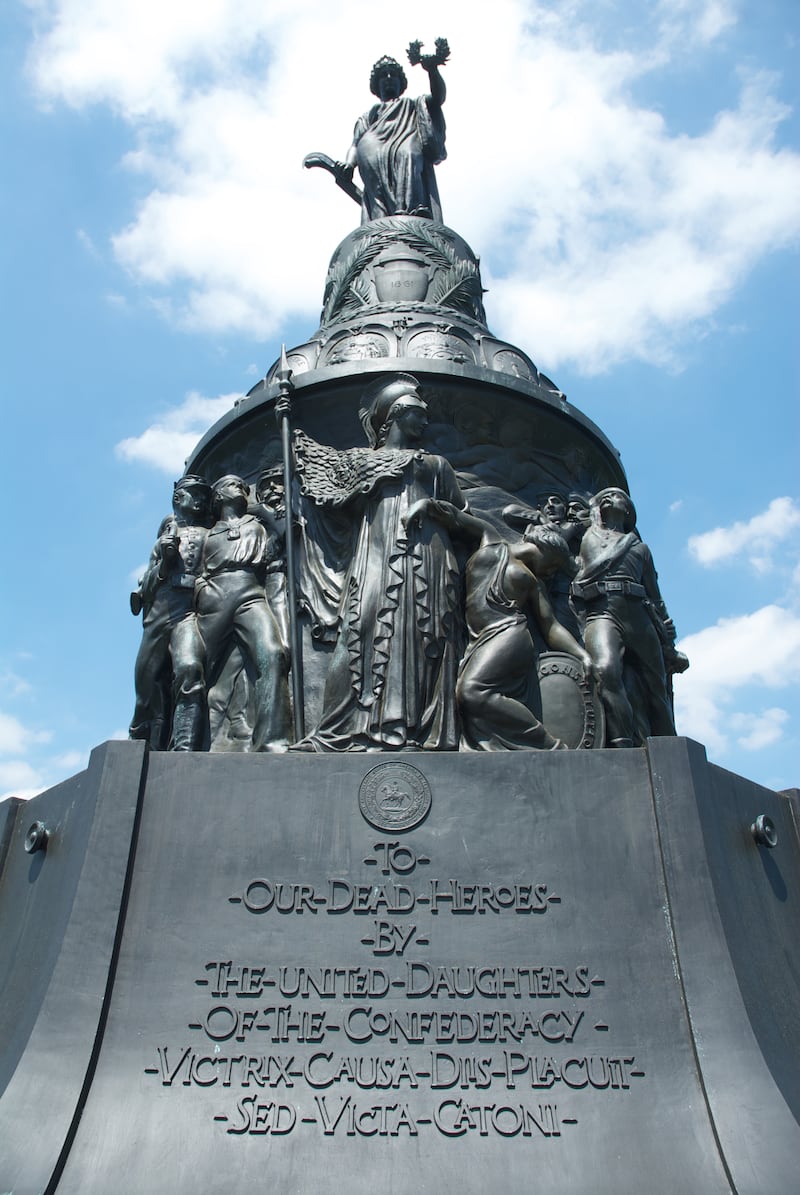 A Latin inscription at the bottom of the memorial reads: “The victorious cause was pleasing to the gods, but the lost cause to Cato,” construing the South’s secession as a noble “lost cause.”