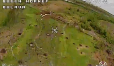 The “BULAVA” unit of Ukraine’s Separate Presidential Brigade conducting its first documented use of a drone equipped with a grenade launcher against Russian assault troops somewhere in Ukraine.
