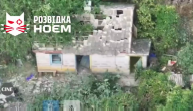 Drone POV: Ukrainian soldier throws a 120mm mortar shell into the basement where some Russian soldiers refused to surrender.