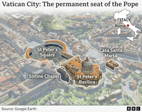 Map showing the Vatican's main buildings - St Peter's Basilica, St Peter's Square, the Sisteine Chapel and Casa Santa Marta