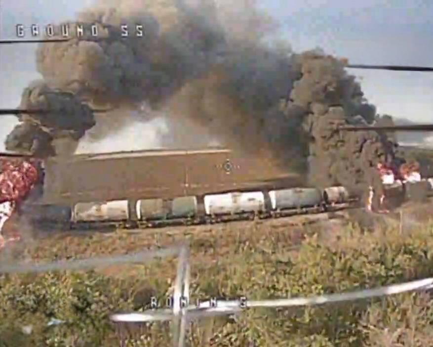 An FPV drone is preparing to hit a Russian railway train with tanks in the Zaporizhzhia region.
