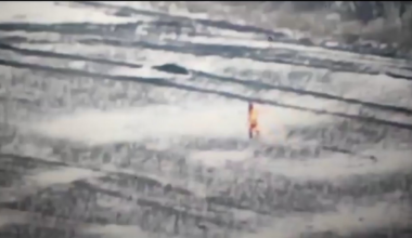 Russian T 80 BV crewman runs away on fire after his tank and others hit a mines near Vuhledar Feb 2023