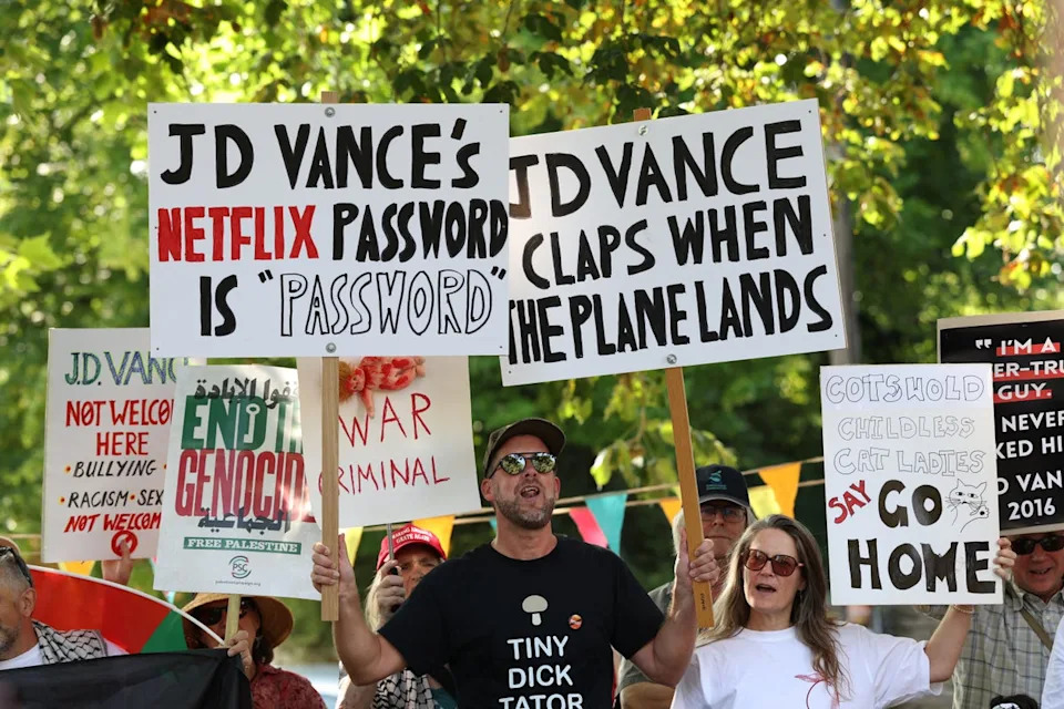 Other more satirical signs read “JD Vance claps when the plane lands” and “JD Vance’s Netflix password is ‘password’”. (AFP/Getty)