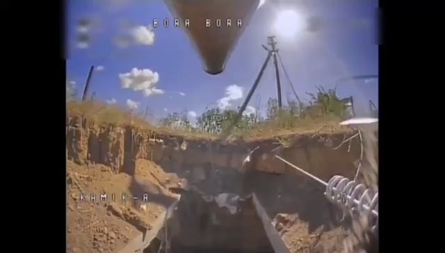 A Ukrainian FPV pilot flies his fiber optic drone into a Russian bunker and finds four Russian infantrymen hiding in a corner.
