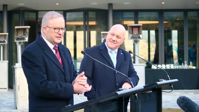 Anthony Albanese and Christopher Luxon speaking in Queenstown. Photo: RNZ/Katie Todd