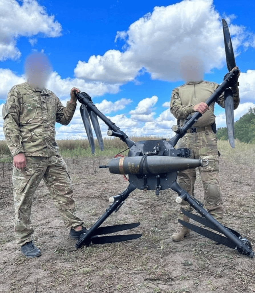 Large Ukrainian drone with 155mm artillery shell