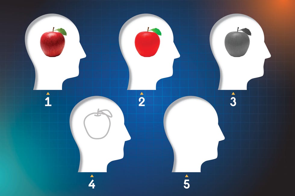 silhouette of heads with various visual styles of an apple inside each one