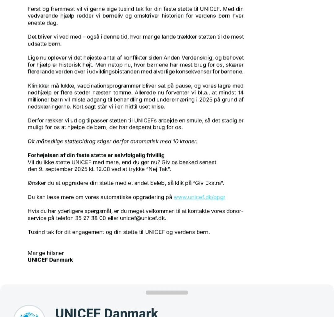 OBS: Unicef hæver automatisk dit bidrag 9. september, hvis ikke du aktivt siger nej