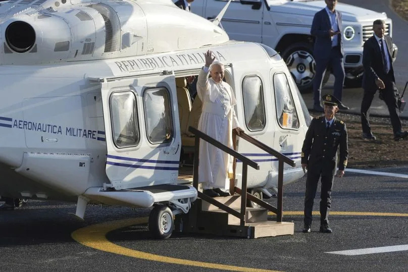 Pope Leo XIV arrives for a Mass with young people participating in the Youths Jubilee at the Tor Vergata field in Rome, Sunday, Aug. 3, 2025