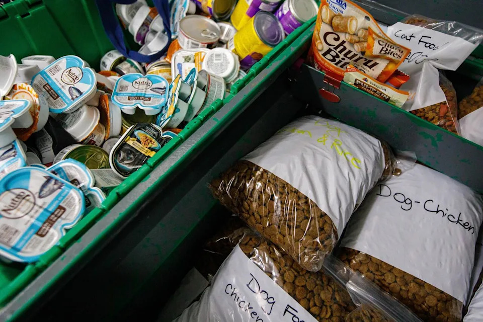 Food in the Toronto Humane Society’s food bank is pictured, on July 31, 2025. Shelters are seeing the financial stress of pet owners manifest in an increased demand for their community services, with pet food bank usage surging.