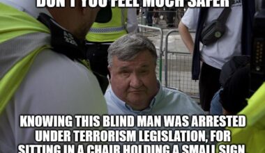 This unbelievably dangerous terrorist was arrested *Checks Notes*... what, are you sure?.. this blind man sat quietly in a chair was arrested for terrorism.