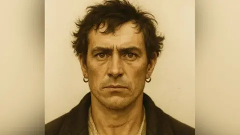 Unshackled/Roar Films An AI image of a man staring intently at the camera. He has ruffled dark hair, brown eyes, and a hooped earring in each ear. He has the scar of what looks to be a cut across his neck. 