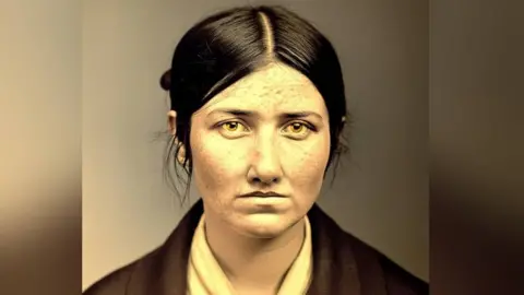 Unshackled/Roar Films An AI image of a woman with dark hair looking at the camera. She has golden coloured eyes and her hair is tied back, with some strands loose by her ears. Her skin is slightly marked and she has a sombre expression. 
