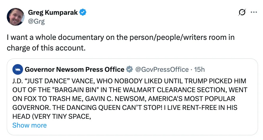 A tweet by Greg Kumparak comments on a humorous tweet from the Governor Newsom Press Office about J.D. Vance and Governor Newsom's popularity