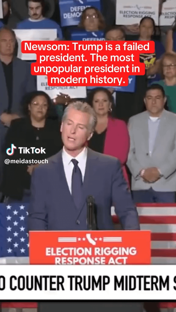 Newsom: He is a failed president. Who else sends ICE at the same time while having a conversation like this? Someone who is weak, broken. His weakness is masquerading as a strength. The most unpopular president in modern history.