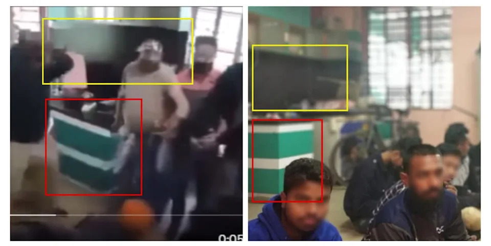 <span>Screenshot comparison between the clip shared in false posts (L) and a photo shared on the Facebook page of the Taltala Sporting Club, with similarities highlighted and faces blurred by AFP</span>