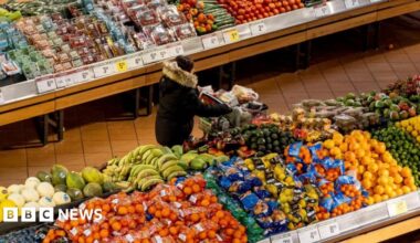 A woman in a dark coat and seen from above pushes a shopping cart through the produce section of a grocery store. On either side of her are piles of brightly coloured produce.