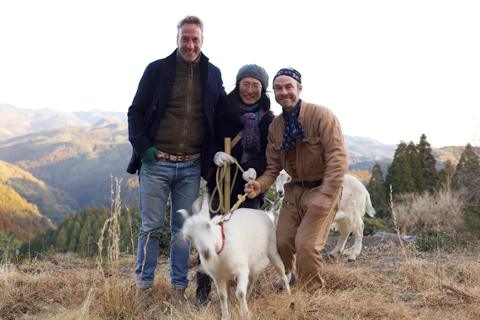 Ben Fogle, Rupert Singleton, Asaki Haraguchi with their pet goats. (Channel 5)