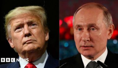 This combination of pictures created on February 21, 2020 shows US President Donald Trump and Russian President Vladimir Putin, in a close shot.