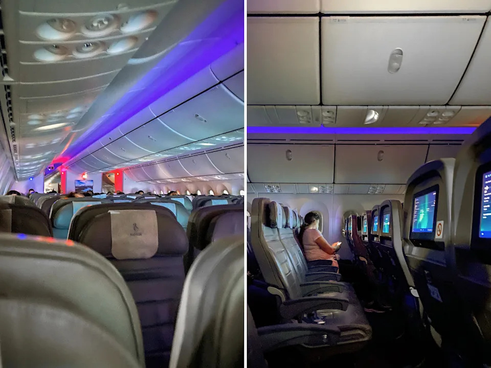 A composite image of an economy cabin on a red-eye Norse flight seen from two different angles