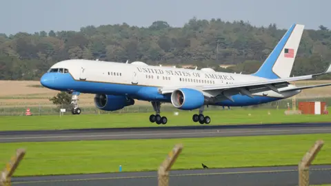 PA A blue and white jet with United States of America written on the side