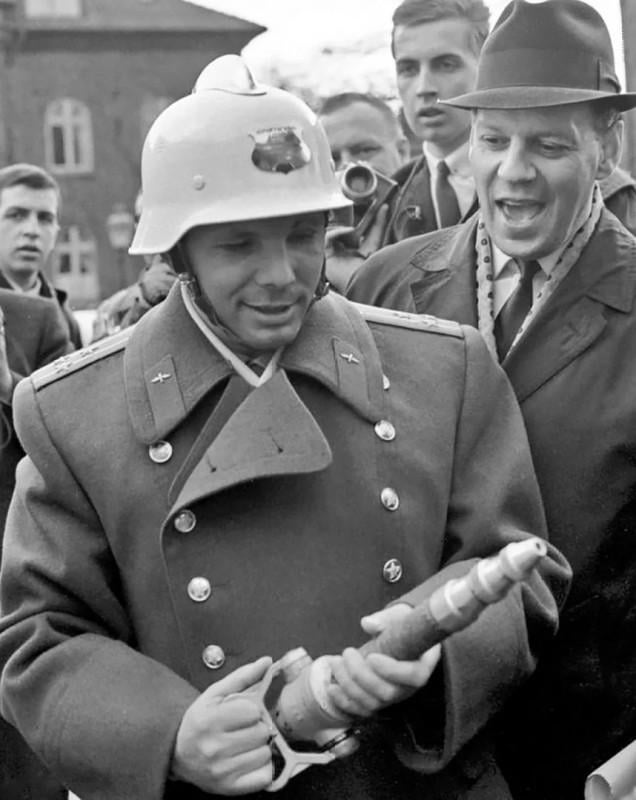Yuri Gagarin visits the city fire department. Malmo. The Kingdom of Sweden. March 1964.